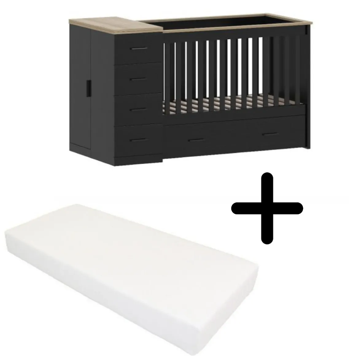 Born Lucky Combi Ledikant Memphis Zwart Eiken Met Matras