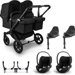 Bugaboo Donkey 5 Tweeling Kinderwagen 3 In 1 Black Midnight Black Met Twee Cybex Cloud T Groep 0 Autostoelen + Isofix Base