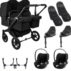 Bugaboo Donkey 5 Tweeling Kinderwagen 3 In 1 Black Midnight Black Met Twee Cybex Cloud T Groep 0 Autostoelen + Isofix Base + Voetenzak
