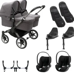 Bugaboo Donkey 5 Tweeling Kinderwagen 3 In 1 Graphite Grey Melange Met Twee Cybex Cloud T Groep 0 Autostoelen + Isofix Base + Voetenzak