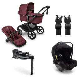 Bugaboo Kinderwagen 3 in 1 Fox 5 Renew Complete Black | Dark Cherry + Bugaboo Autostoel Groep 0 Turtle Air by Nuna Black + Draaibare Isofix Base 360 + Autostoel adapters