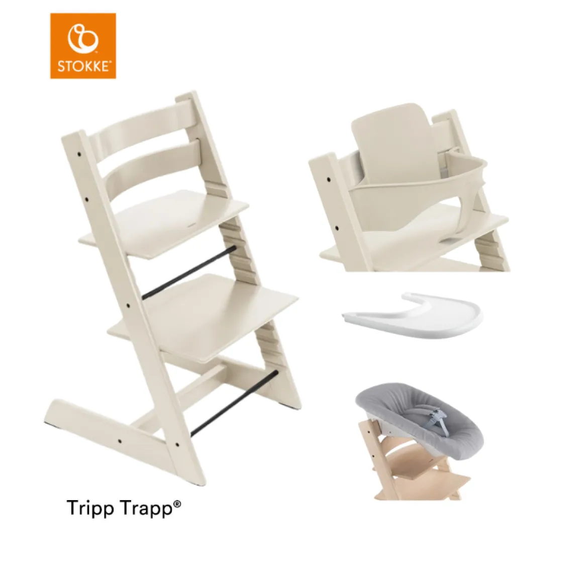 Stokke® Kinderstoel Tripp Trapp® Vanilla White + Newborn Set™ + Baby Set™ Vanilla White + Tray™