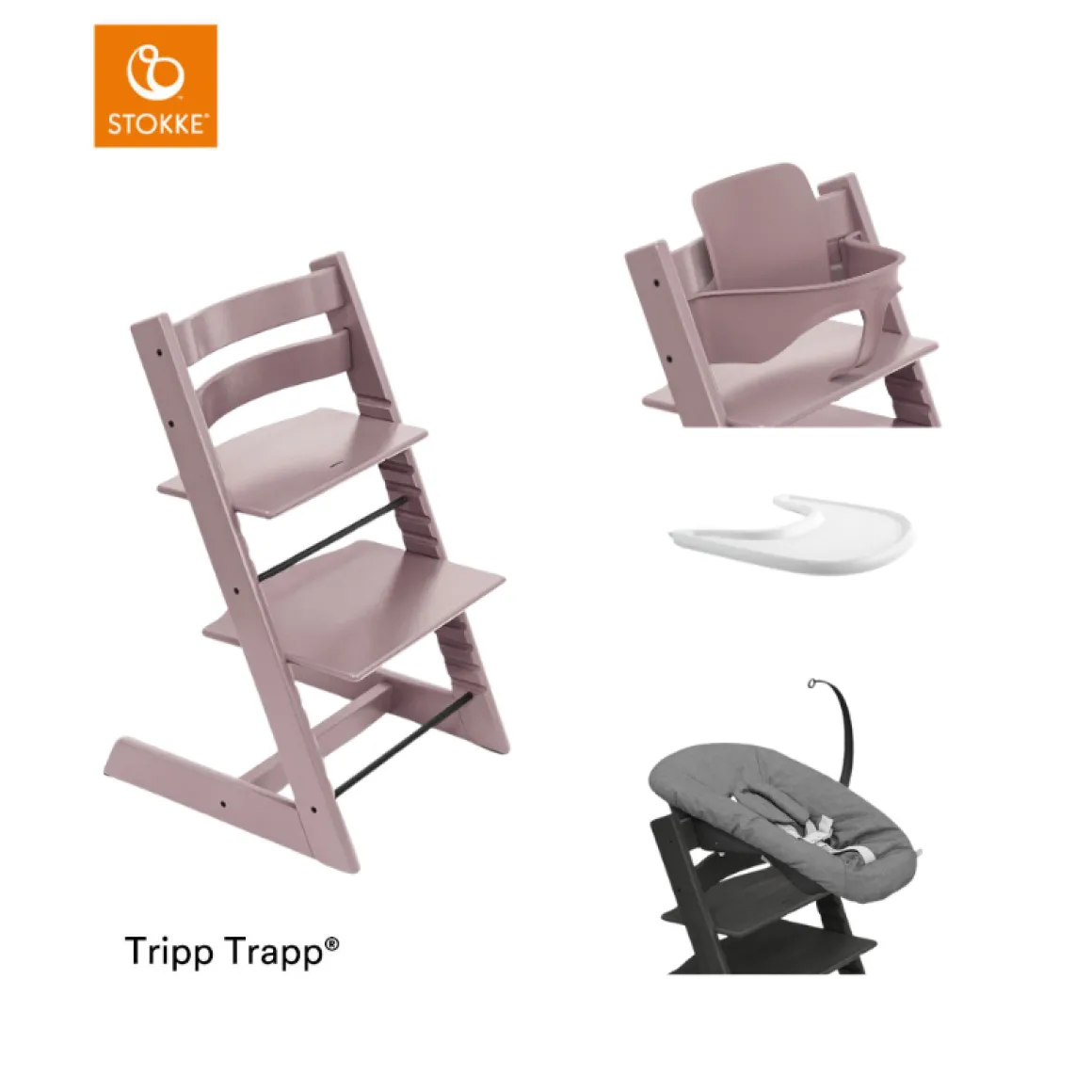 Stokke® Kinderstoel Tripp Trapp® Heather Mauve + Newborn Set™ Anthracite + Baby Set™ Natural + Tray™