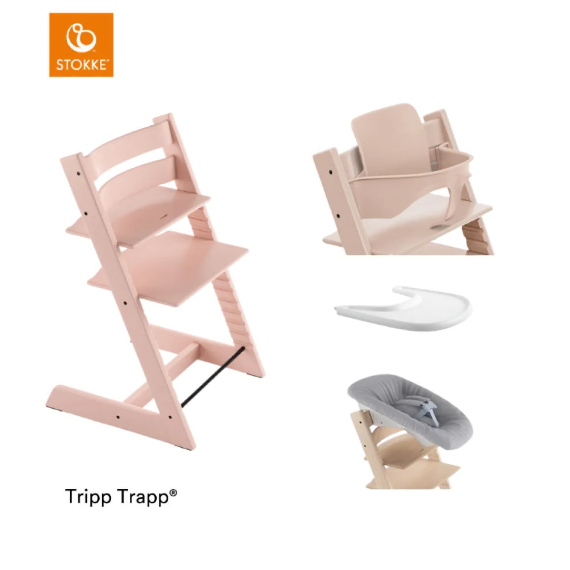 Stokke® Kinderstoel Tripp Trapp® Serene Pink + Newborn Set™ + Baby Set™ Serene Pink + Tray™