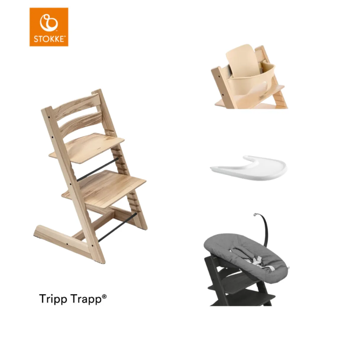 Stokke® Kinderstoel Tripp Trapp® Wild Wood + Newborn Set™ Anthracite + Baby Set™ Natural + Tray™