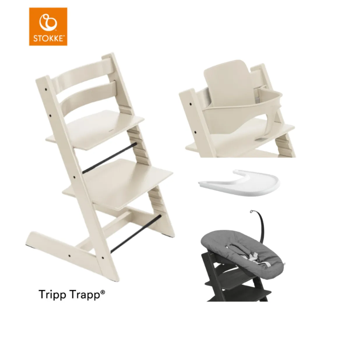 Stokke® Kinderstoel Tripp Trapp® Vanilla White + Newborn Set™ Anthracite + Baby Set™ Vanilla White + Tray™