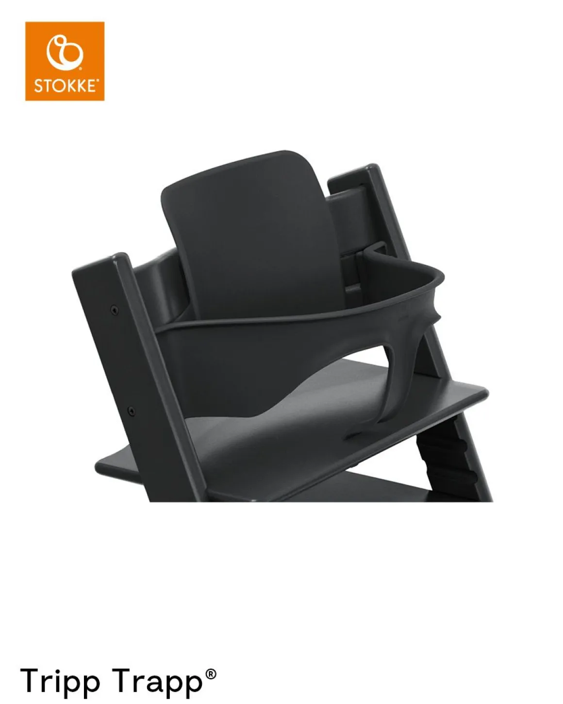 Stokke® Kinderstoel Tripp Trapp® Black + Newborn Set™ Anthracite + Baby Set™ Black + Tray™