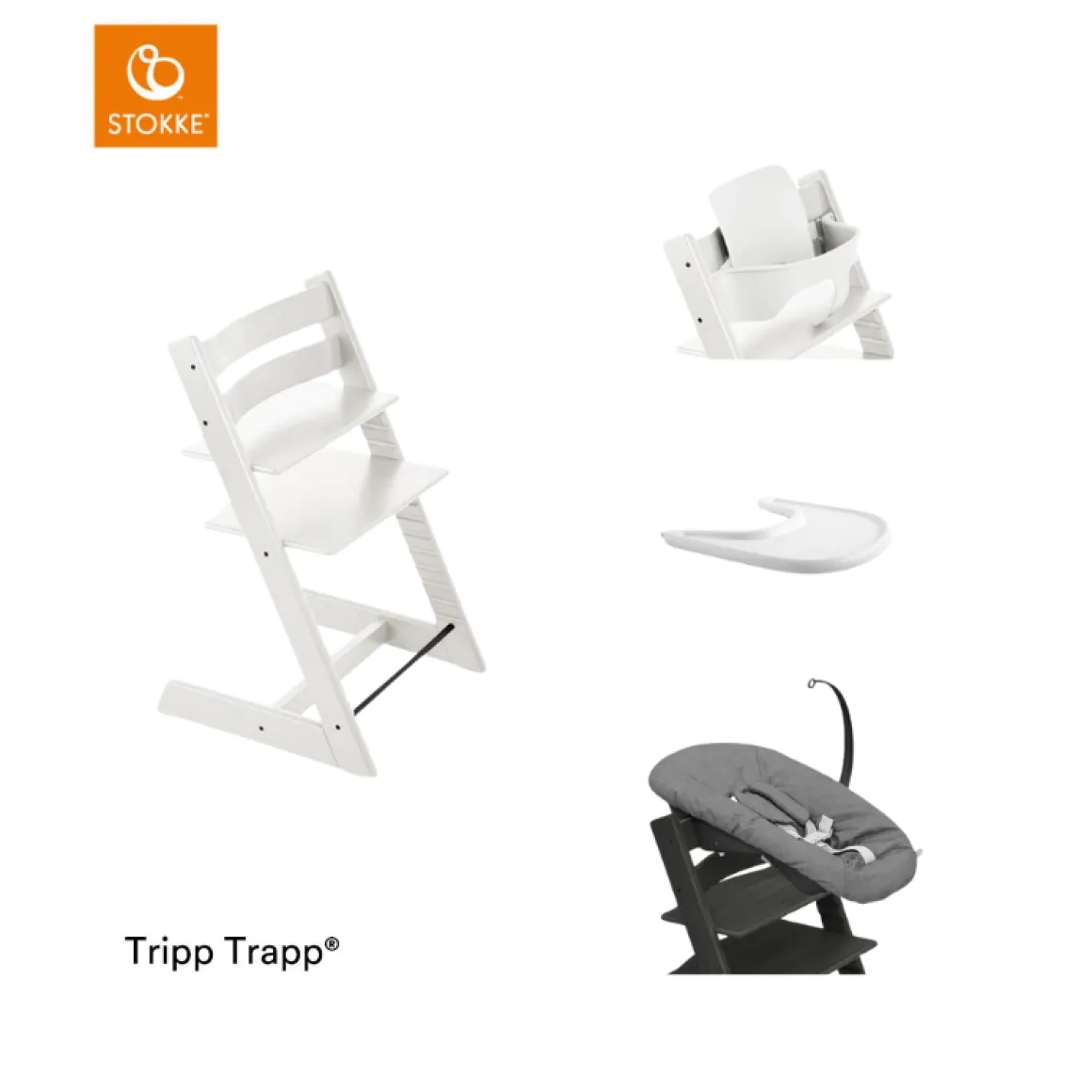 Stokke® Kinderstoel Tripp Trapp® White + Newborn Set™ Anthracite + Baby Set™ White + Tray™